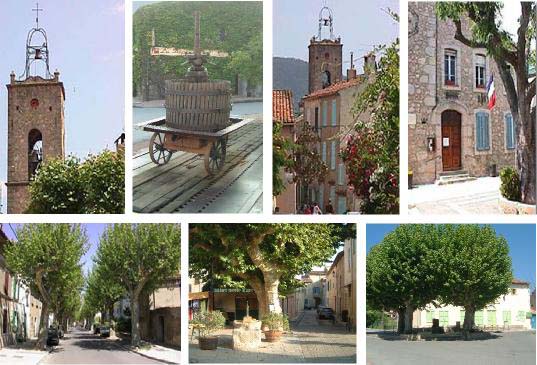 Various images of Plan de Tour. Old church bell tower, grape press on weighbridge, cobbled street, treelined avenue, the creperie and green shuttered building.